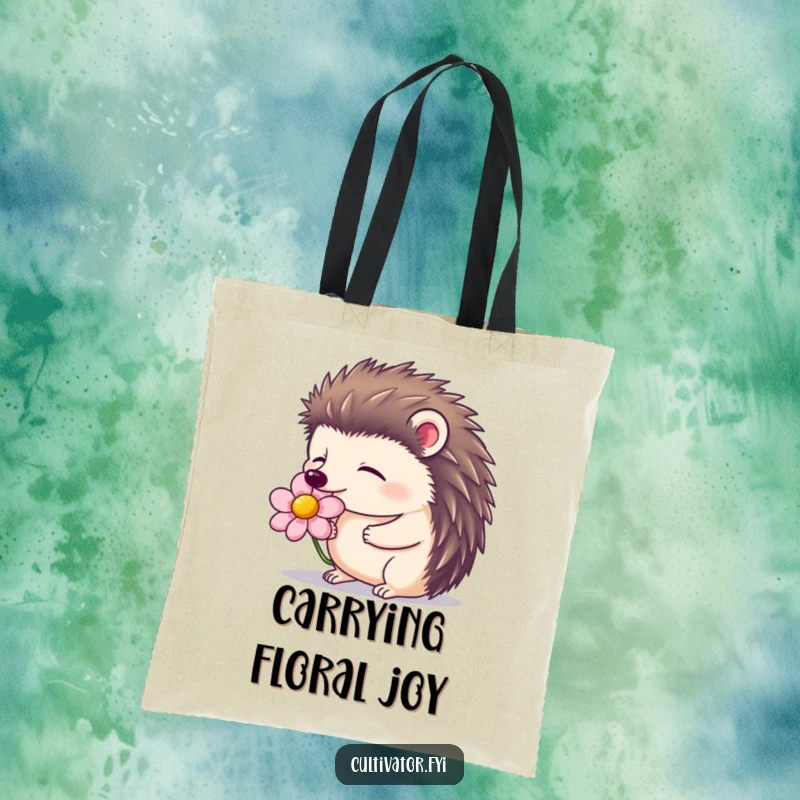 Funny tote bag showing a contented hedgehog with closed eyes, smelling a blooming flower, ideal for nature lovers.