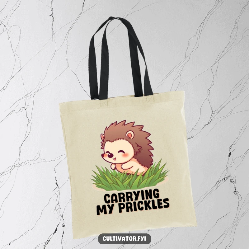 Funny Hedgehog Tote Bag: Giggling hedgehog rolls through soft green grass, perfect for daily use.