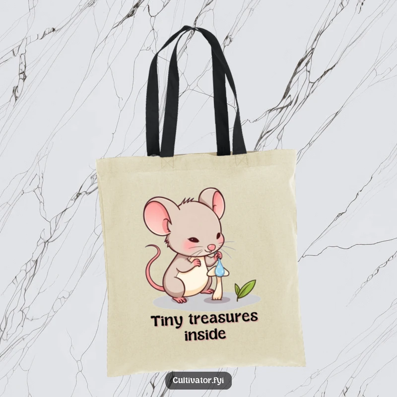 Funny Mouse Tote Bag: Determined mouse carefully waters a minuscule mushroom with a dropper, perfect for errands.