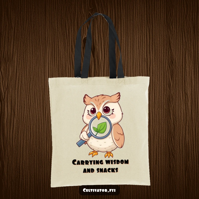Funny owl tote bag, featuring an owl with a magnifying glass looking at a small leaf, great for explorers.