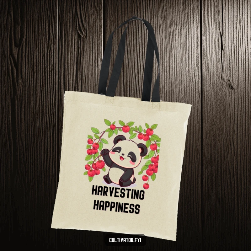 Funny panda tote bag, featuring a panda happily picking a ripe berry from a bush, great for foragers.