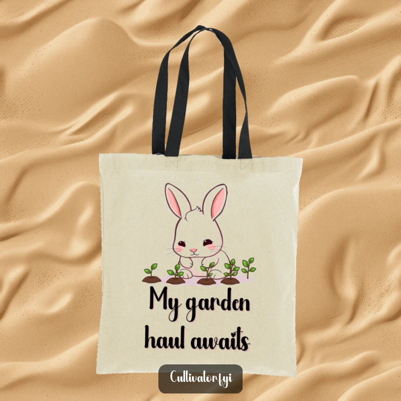 Funny rabbit nurturing seedlings on a tote bag, perfect for gardeners with cute and humorous flair.