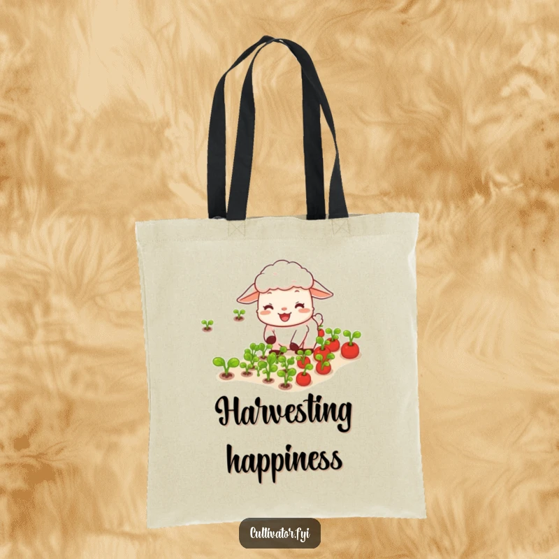 Funny happy sheep joyfully tending rows of tiny vegetables tote bag, functional and packed with garden joy.