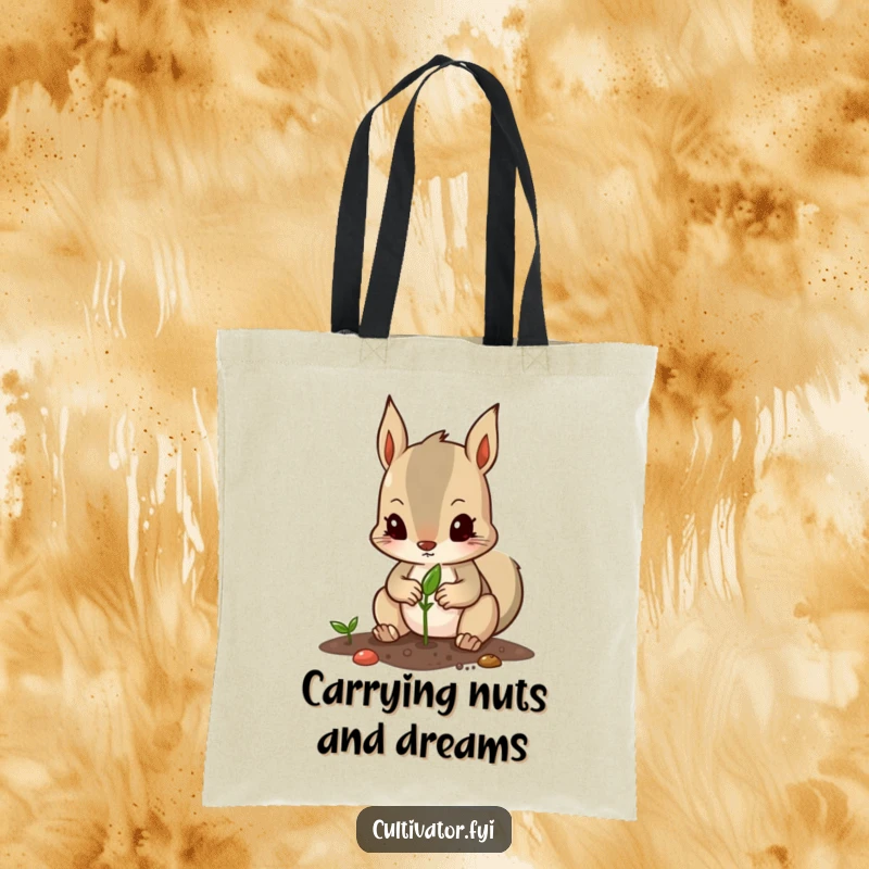 Funny tote bag featuring a determined squirrel character carefully planting a seed with its tiny paws, ideal for garden supplies.