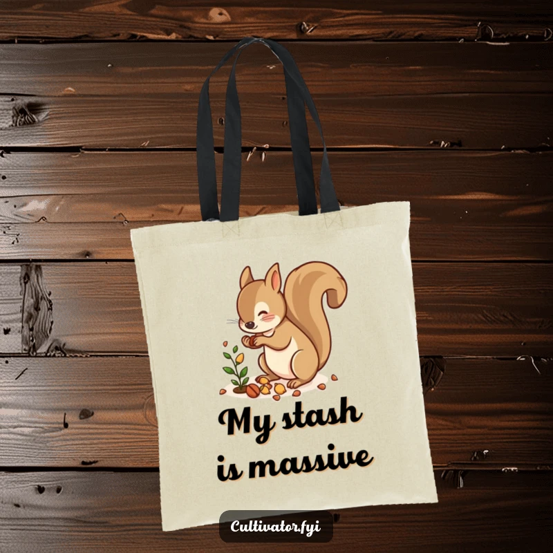 Funny tote bag with a squirrel energetically scattering nuts near a small plant, perfect for nature lovers.