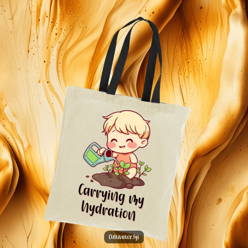 Funny smiling character watering sprouts with a small colorful watering can tote bag, functional and full of plant care joy.