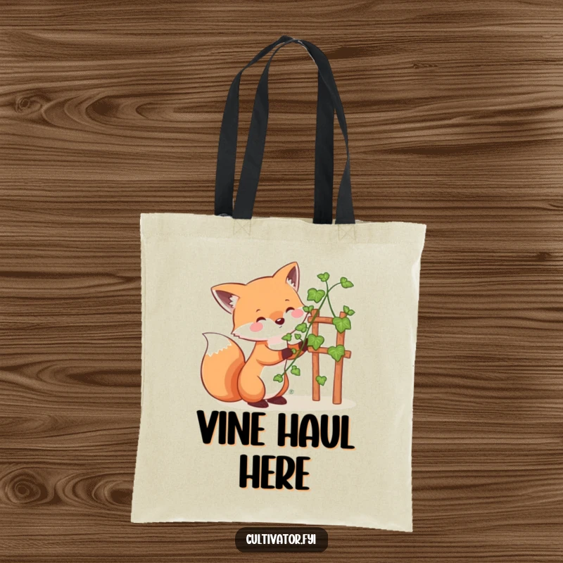 Funny whimsical fox tote bag, happily guiding a vine up a small trellis, a humorous and practical accessory for gardeners.