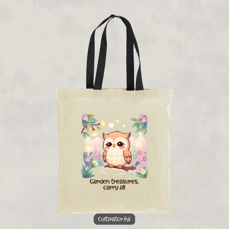 Funny tote bag depicting a content owl watching fireflies glow in a dense, beautiful garden, perfect for carrying books or groceries.