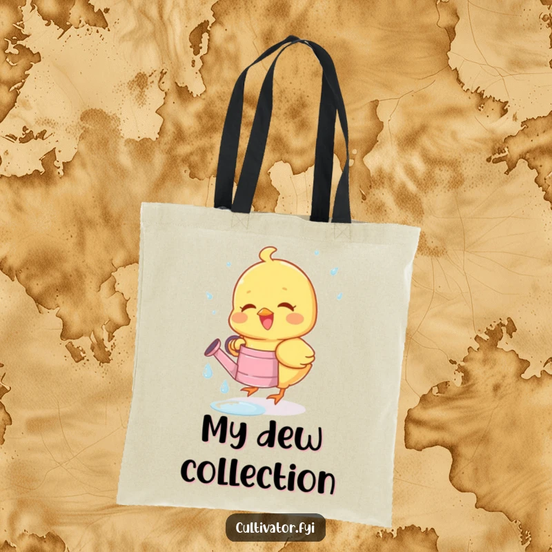 Funny tote bag showing a joyous chick happily collecting dewdrops in a tiny watering can, perfect for spring outings.