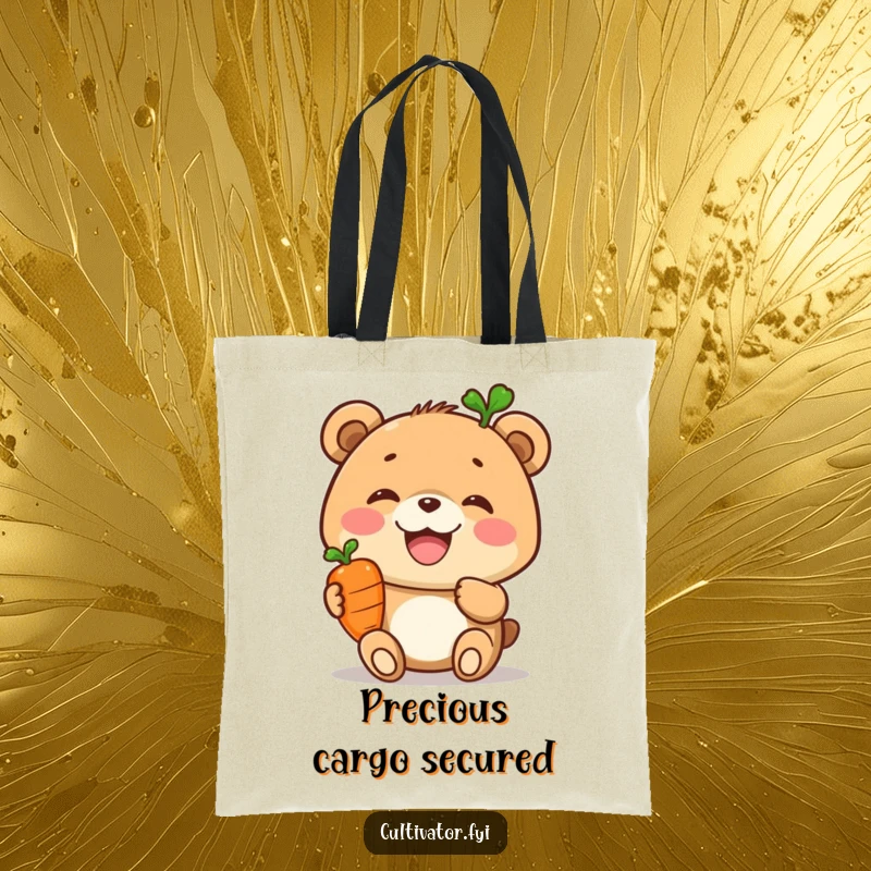 Funny tote bag, joyful bear proudly displaying a carrot, healthy illustration, reusable shopper, humorous accessory.