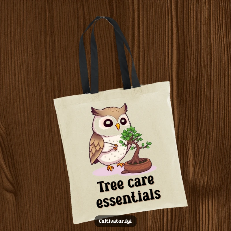 Funny Owl Tote Bag: Lively owl carefully pruning a bonsai tree, a stylish and humorous tote for garden lovers.